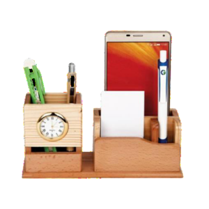 wooden tabletop with mobile and penstand