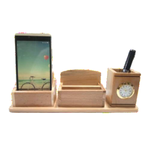 wooden pen and mobile stand with clock