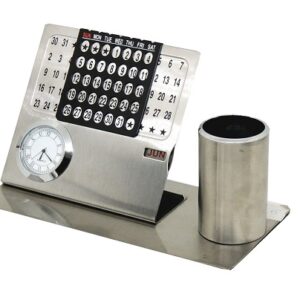 metal calendar with pen stand and clock